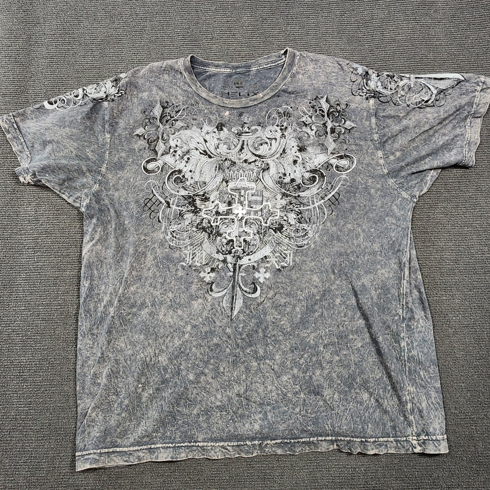 Helix Graphic T Shirt Mens Large Gray Acid Wash Gothic Cross Y2K Grunge Tee